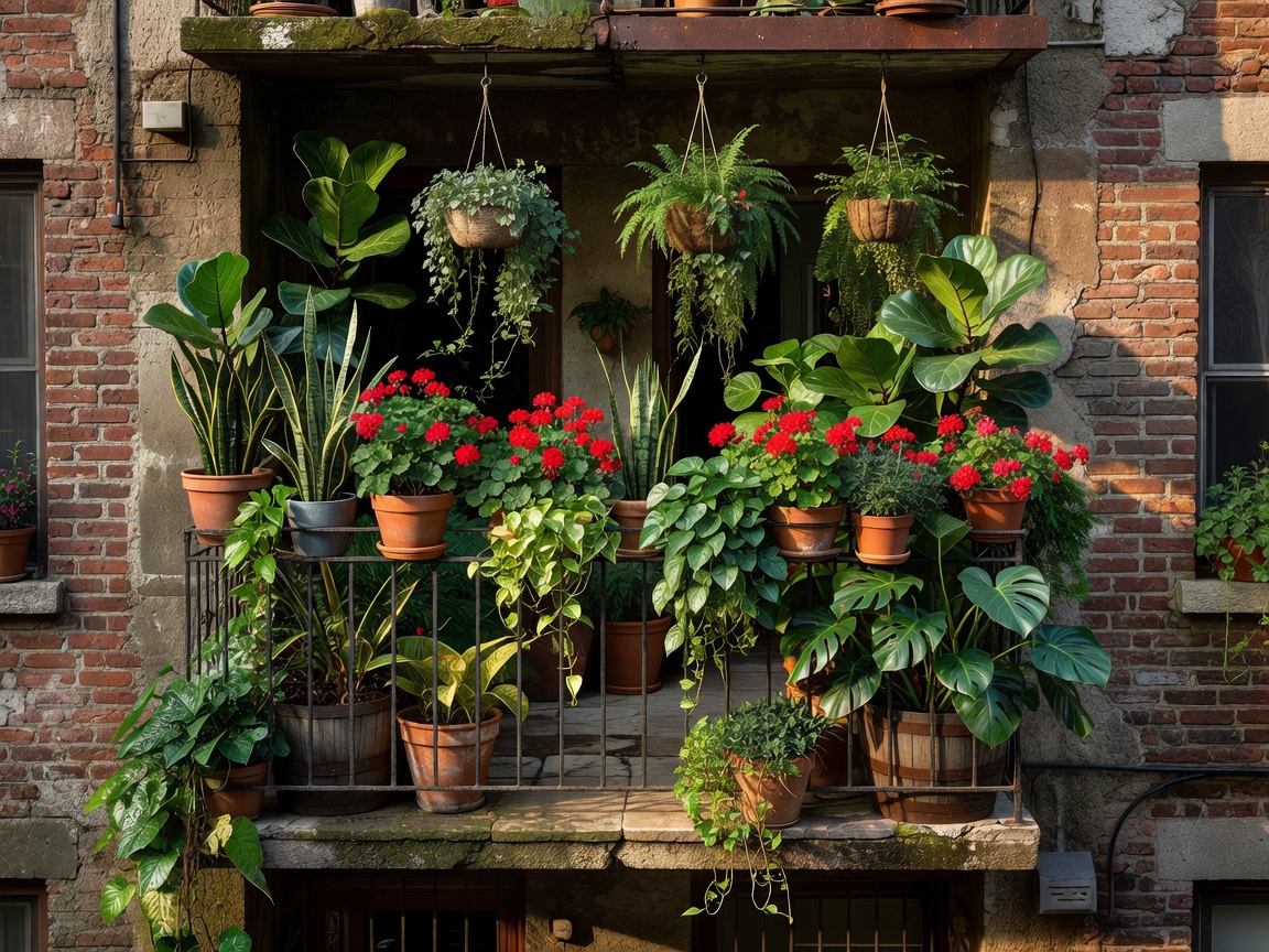 Apartment balcony framed by masonry and filled with a varied arrangement of container plants