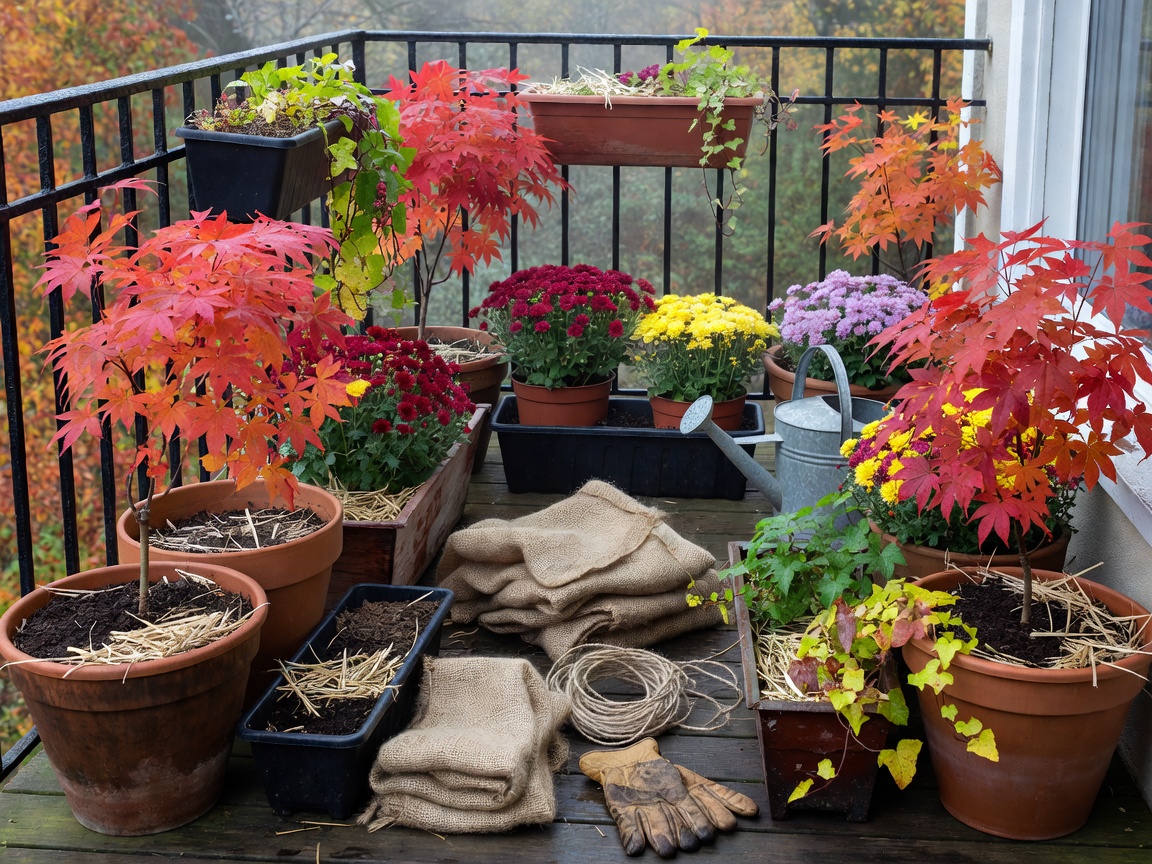 Autumn balcony planting with foliage containers prepared for changing weather