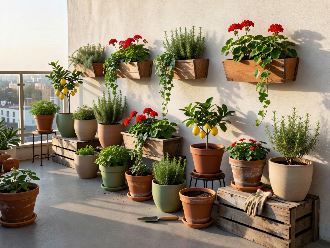 Balcony containers grouped along a wall with room to reach each planter