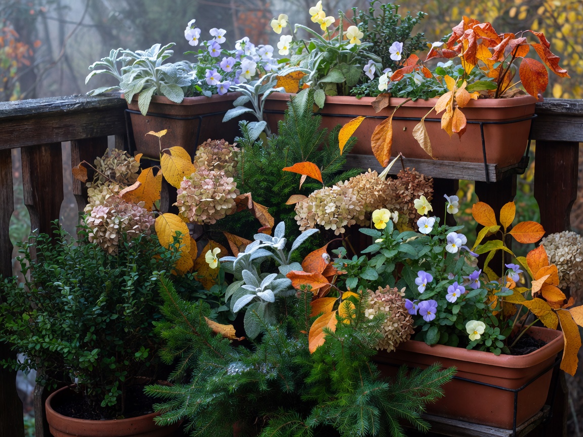 Balcony planters with layered foliage during a cool transitional season