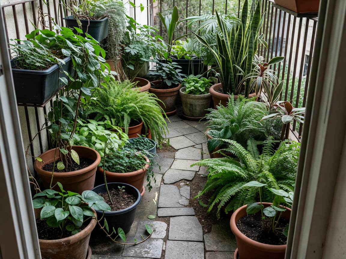 Compact apartment balcony with grouped planters, leafy plants and a narrow circulation route