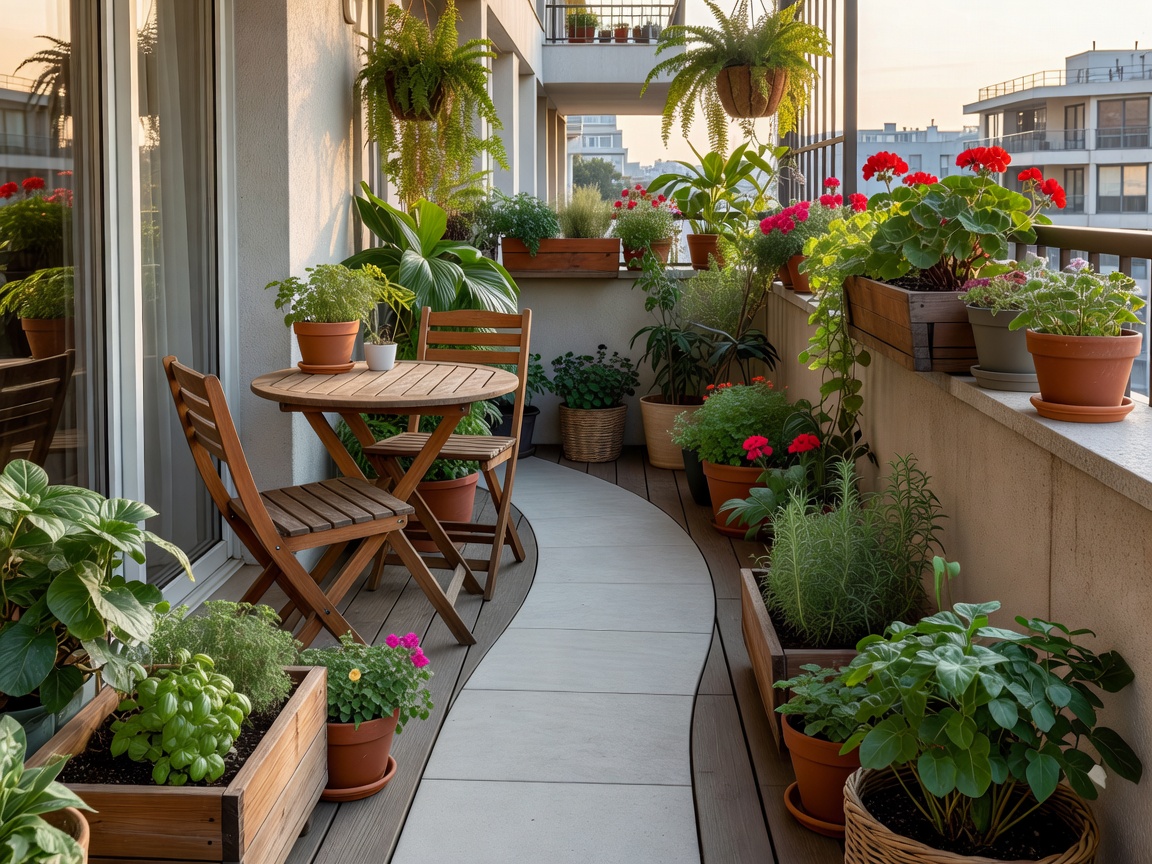 Compact balcony layout with seating and containers arranged around a usable walking route