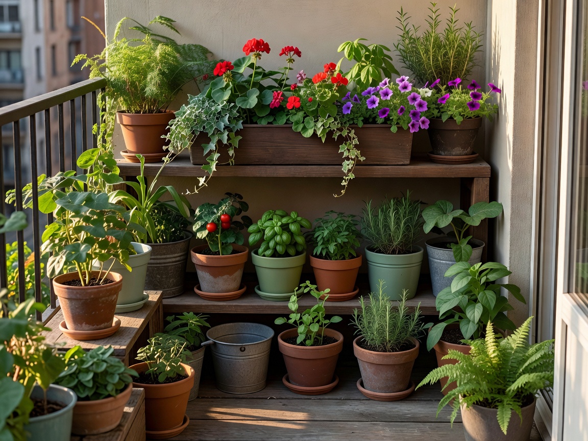 Compact balcony lined with troughs and individual containers at different heights