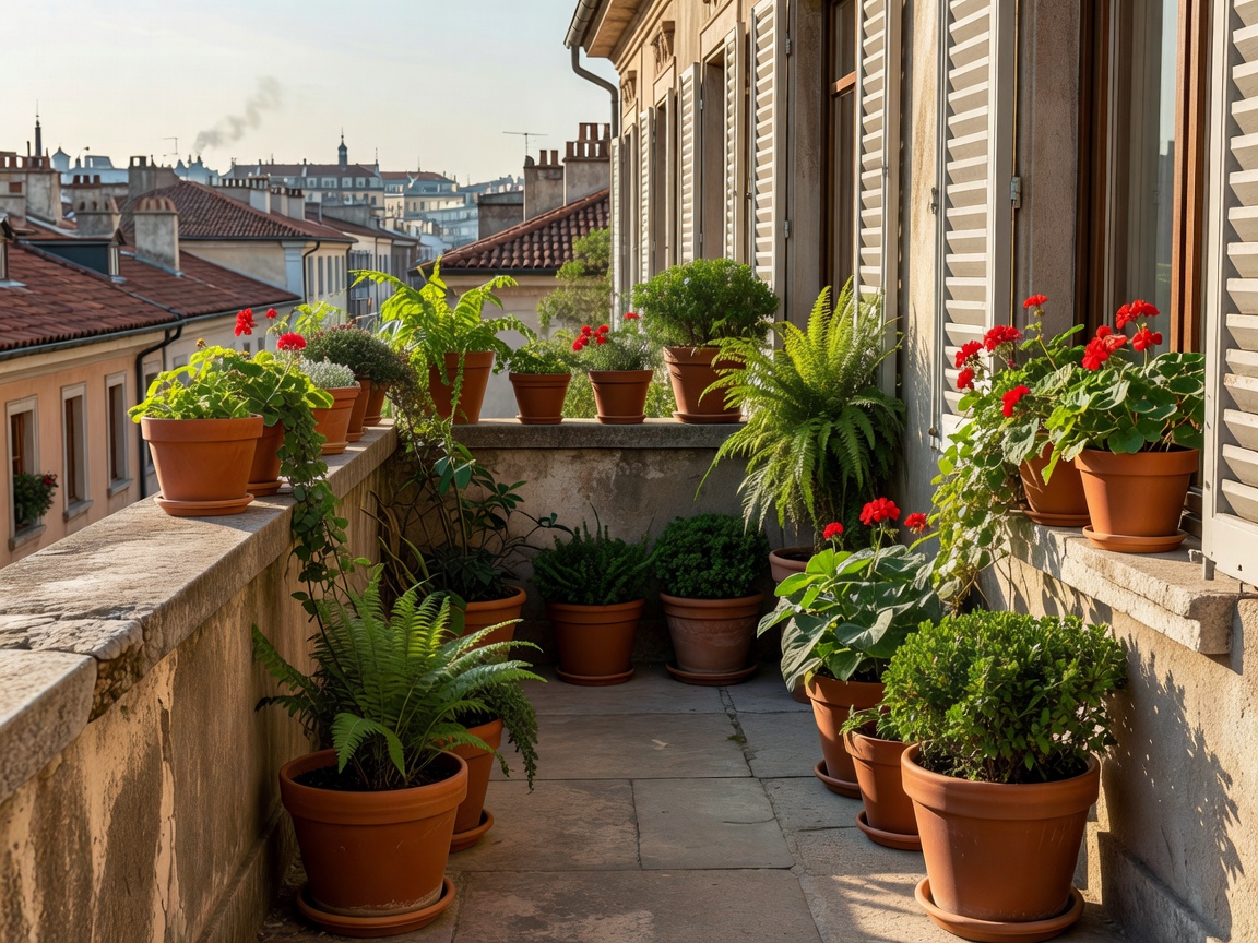 European apartment balcony with terracotta pots and a compact mix of foliage plants
