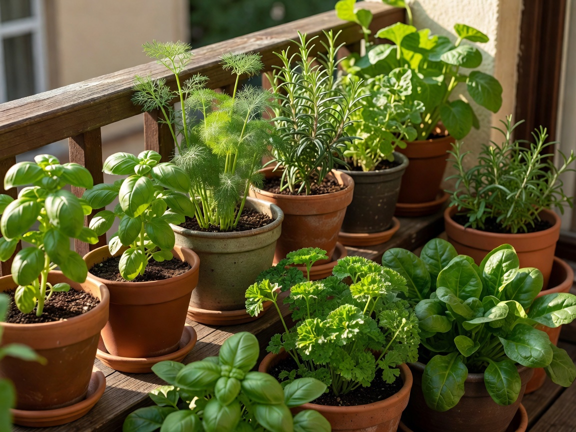 Fresh herbs and leafy edible plants growing in separate balcony pots