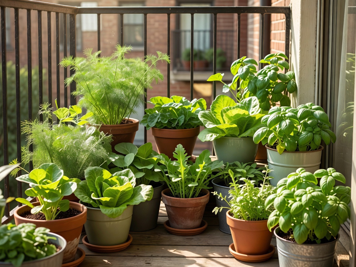 Pots of leafy herbs and salad greens arranged on a sunny apartment balcony