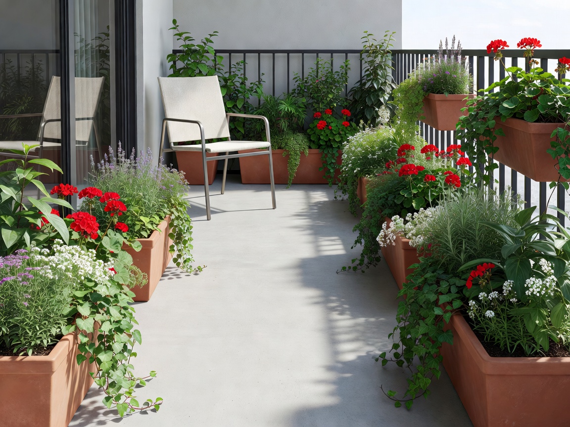 Small balcony with a chair, perimeter planters and a clear central access route